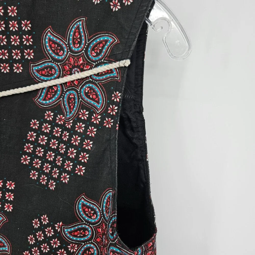 Western Boho Floral Vest Women Medium Black Blue Silver Buttons Beaded Lined - Picture 7 of 9